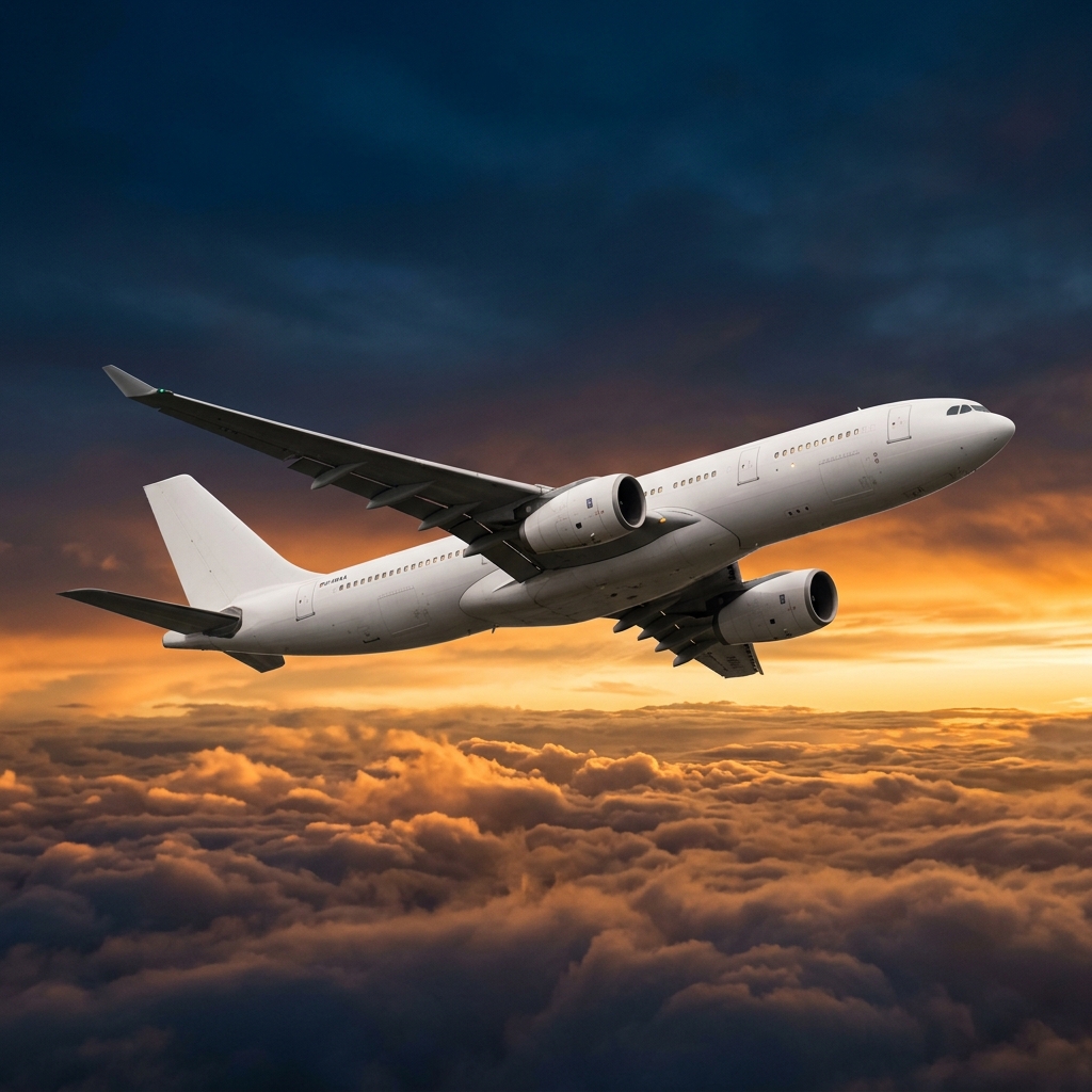 Wide-body commercial aircraft in flight above clouds at dusk